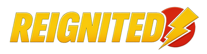 Logo for the game "Reignited", yellow, bold, slanted font with thin black outline. at the end is a red circle slightly behind the font bedding a yellow stylized lightning icon.